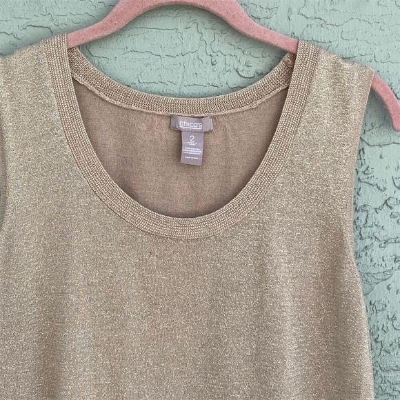 Chico's Gold Sparkly Sweater Tank Top Size 2 L Casual Fall Lurex Sweater - Picture 6 of 12